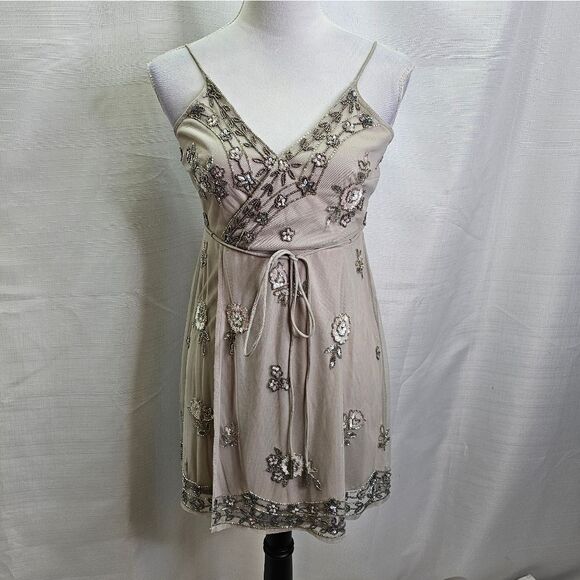 Altar'd State Champagne Beaded Sparkle Faux Wrap Mini Dress Size Small - Picture 2 of 12